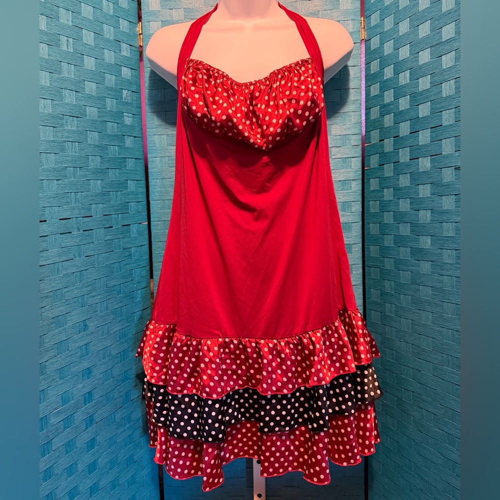 Satin Dot Retro Ruffle Halter Tie Dress Red Polka Dot New